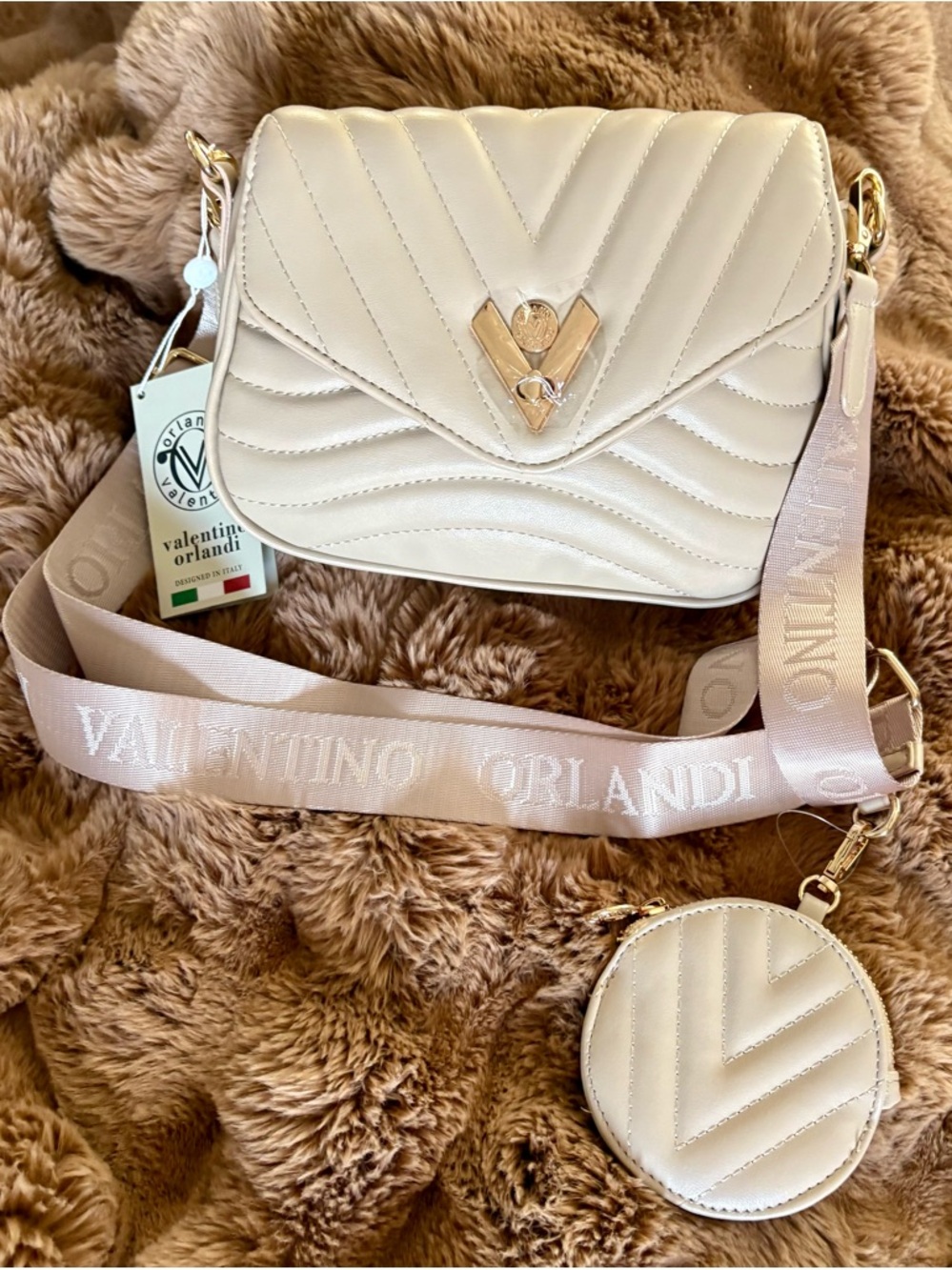 Valentino Orlandi Taupe Quilted Crossbody with Round Coin Pouch